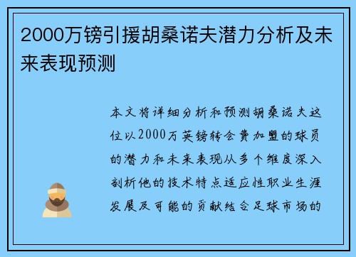 2000万镑引援胡桑诺夫潜力分析及未来表现预测 2000万镑引援胡桑诺夫潜力分析及未来表现预测