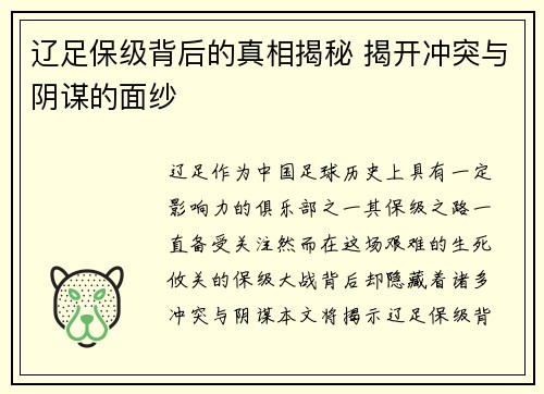 辽足保级背后的真相揭秘 揭开冲突与阴谋的面纱