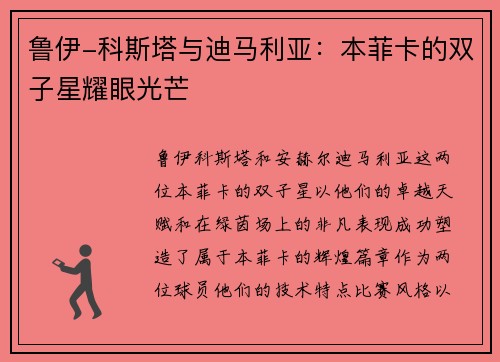 鲁伊-科斯塔与迪马利亚：本菲卡的双子星耀眼光芒